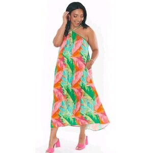 Show Me Your Mumu Lexington Midi Dress Tropical Palm Linen Blend Size M Made USA